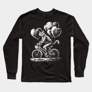 A cat on a bicycle with balloons in the form of hearts Long Sleeve T-Shirt